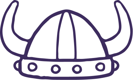 A simple line drawing of a Viking helmet with two large curved horns and a band featuring circular rivets.